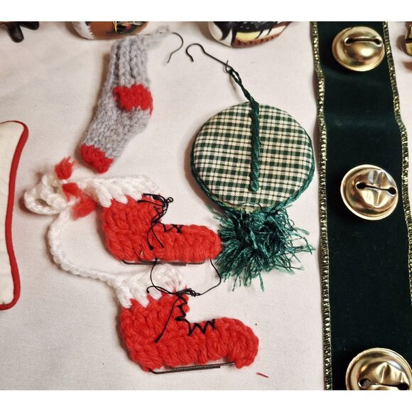 Vintage Christmas Ornaments Set Of 18 With Santa Bells Stockings & Wooden Decora - Picture 6 of 10
